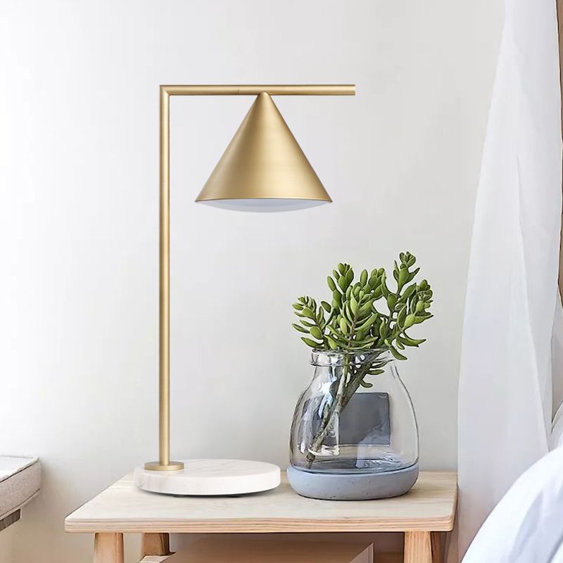 1 Head Metal Table Light Colonialist Gold Conical Bedroom Nightstand Lamp with Marble Base