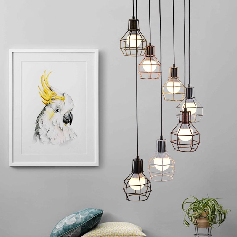 Black Multi Pendant Light Fixture Vintage Metal Wire Cage Multi Light Pendant Lighting