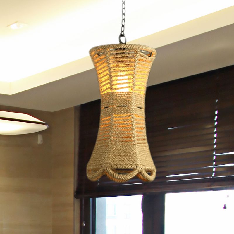 Beige Radian Pendant Lamp Vintage Rope 1 Head Restaurant Hand-Woven Hanging Light Fixture