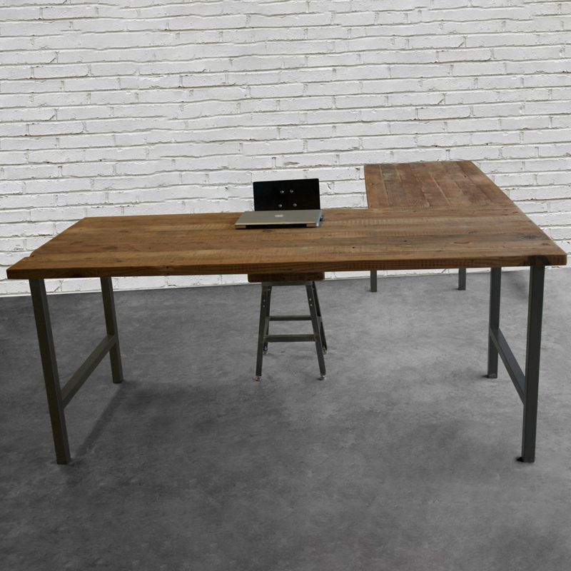 Brown and Black Writing Desk Industrial H-Shape Office Desk Pine