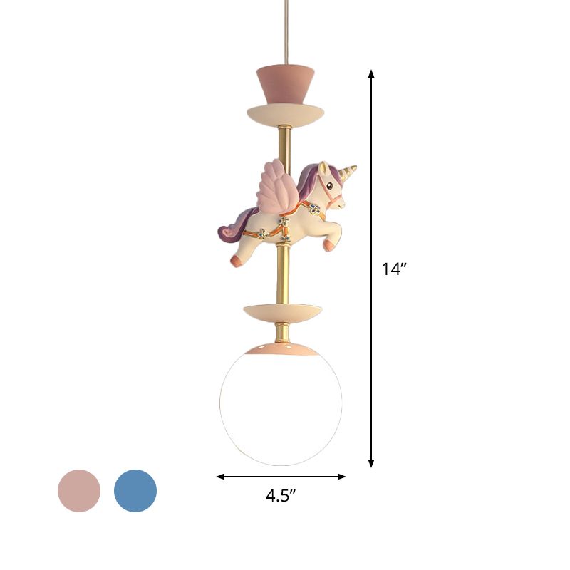 Apparecchiatura contemporanea da 1 per pedante lampadina con tonalità di vetro opale un unicorno rosa/blu lampada sospesa