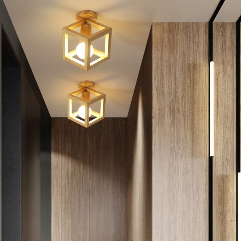 Modern Style Flush Mount 1-Light Wood Ceiling Light in Yellow for Aisle