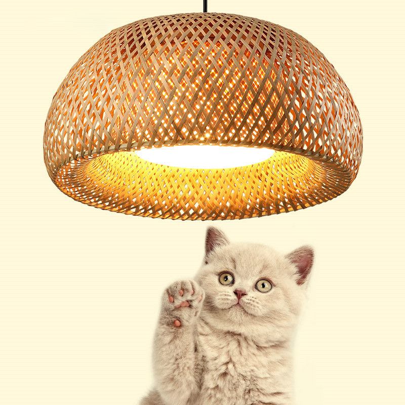 Double Walled Dome Hanging Lamp Asian Bamboo 1-Light Beige Hanging Pendant for Restaurant