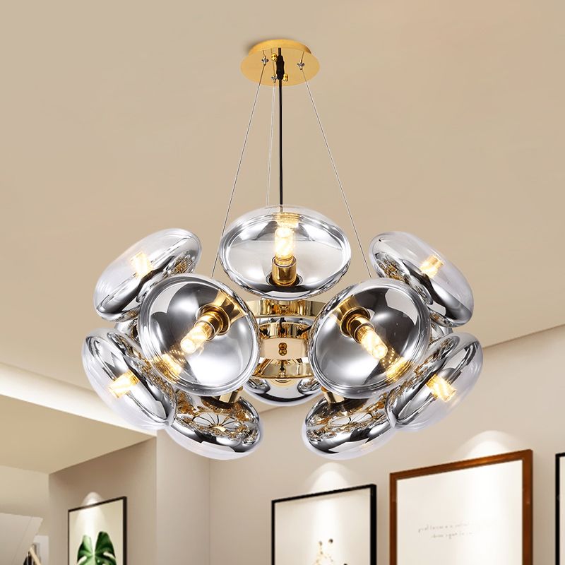 12-Light Round Shade Chandelier Modern Clear Glass Cord Hanging Light in Gold/Silver