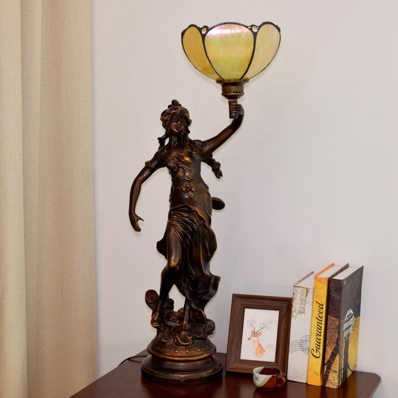 Single Scalloped/Cone Shade Table Light Tiffany Yellow/White-Brown Glass Nightstand Lamp with Greek Woman Statue