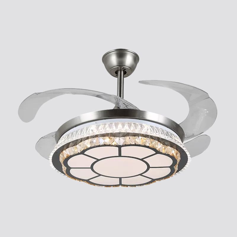 Silver Layered 4 Blades Semi-Flush Mount Modernism LED Crystal Pendant Fan Light Fixture, 19" Wide