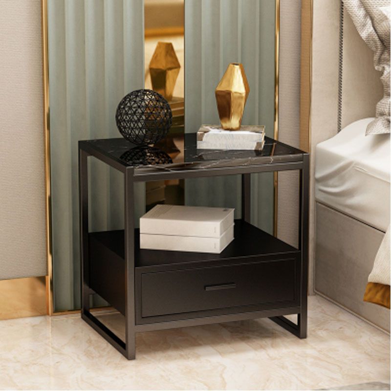 Marble Bed Nightstand Open Storage Bedside Cabinet with Drawer