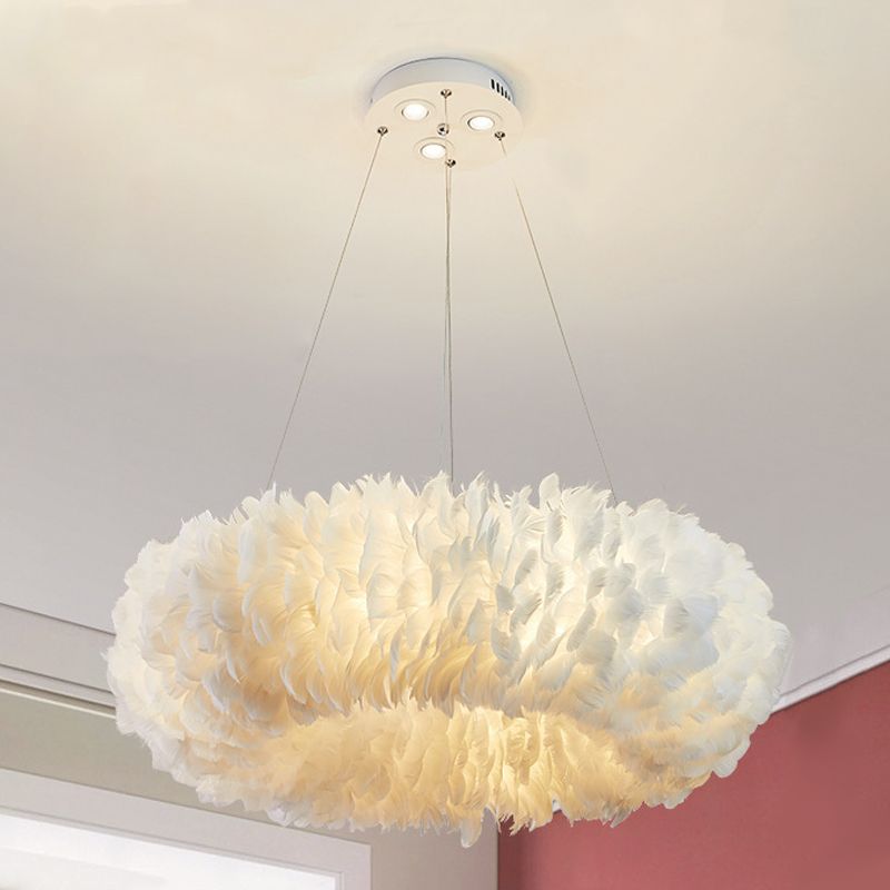 White Feather Chandelier Nordic Style Round Chandelier Pendant for Living Room