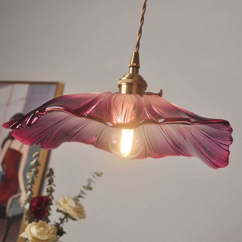 Vintage Floral Hanging Lamp Single-Bulb Ribbed Glass Lighting Pendant for Restaurant