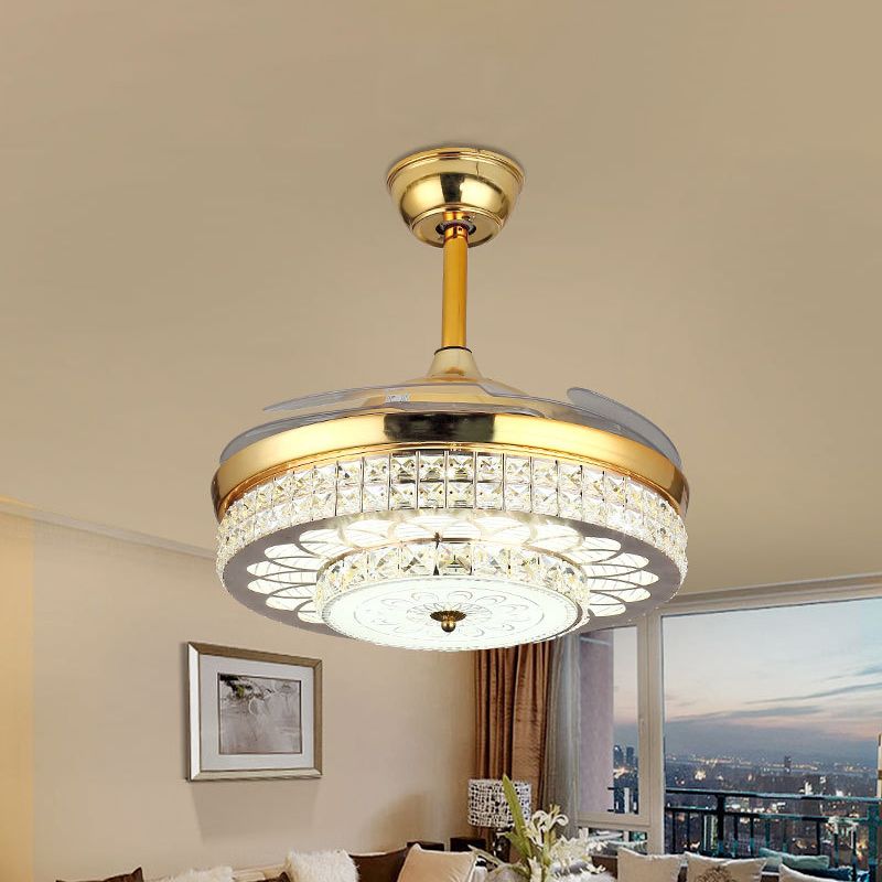 Silver/Gold 2-Tier LED Downrod Ceiling Fan Modernist 4-Blade Faceted Crystal Hanging Lamp with Wall Control/Remote Control/Frequency Conversion