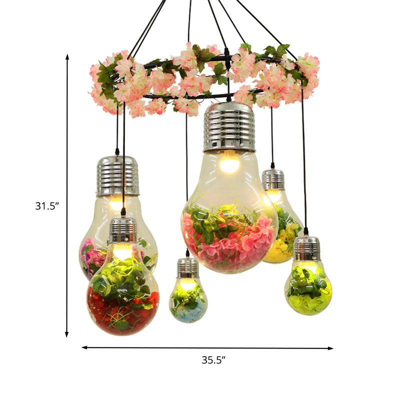 Black 6 Heads Cluster Pendant Industrial Clear Glass Bulb Shape LED Flower Suspension Light for Restaurant