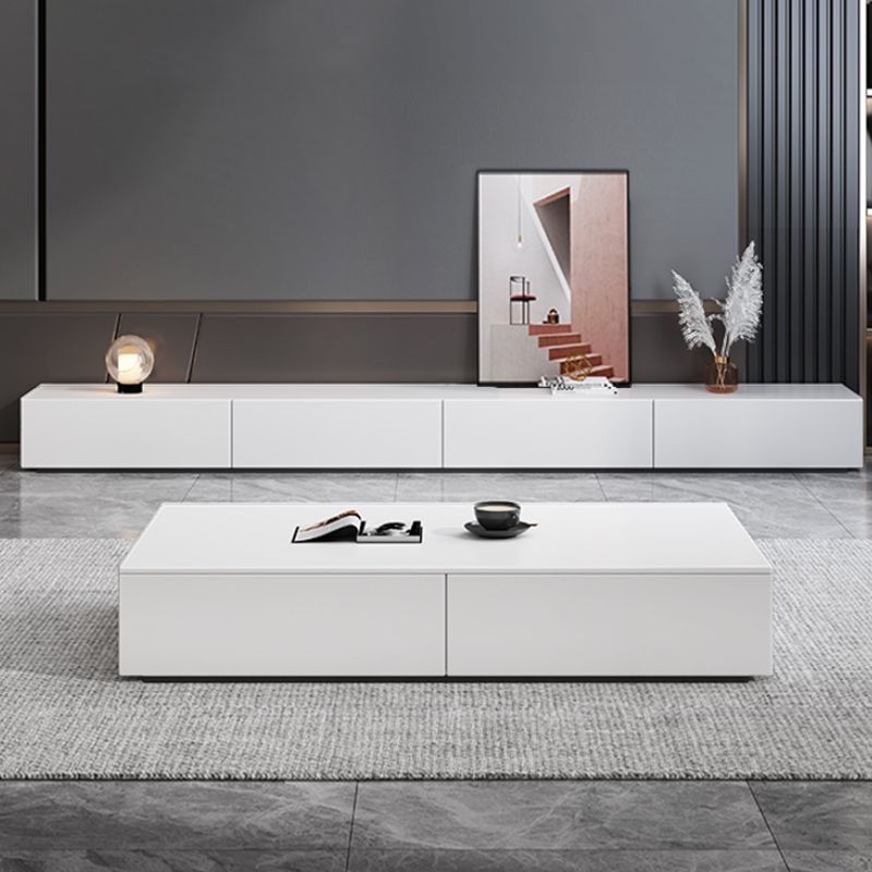 White Media Console Contemporary Stone TV Stand Console with Drawers