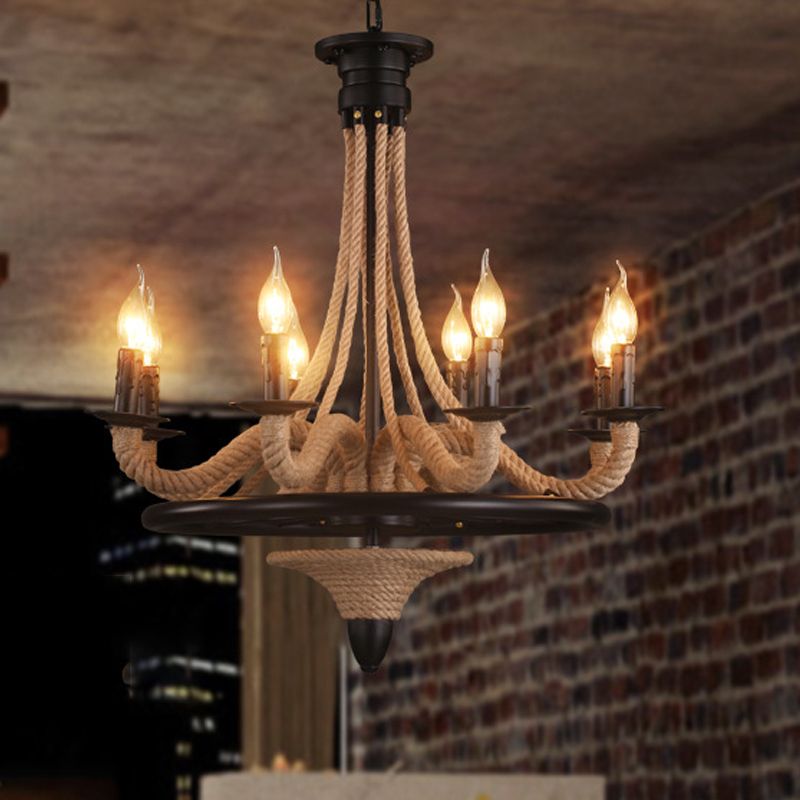 Cougie de corde suspendue Chandelier Farmhouse 8 Bulbes Restaurant Pendant Light en noir avec conception de roues