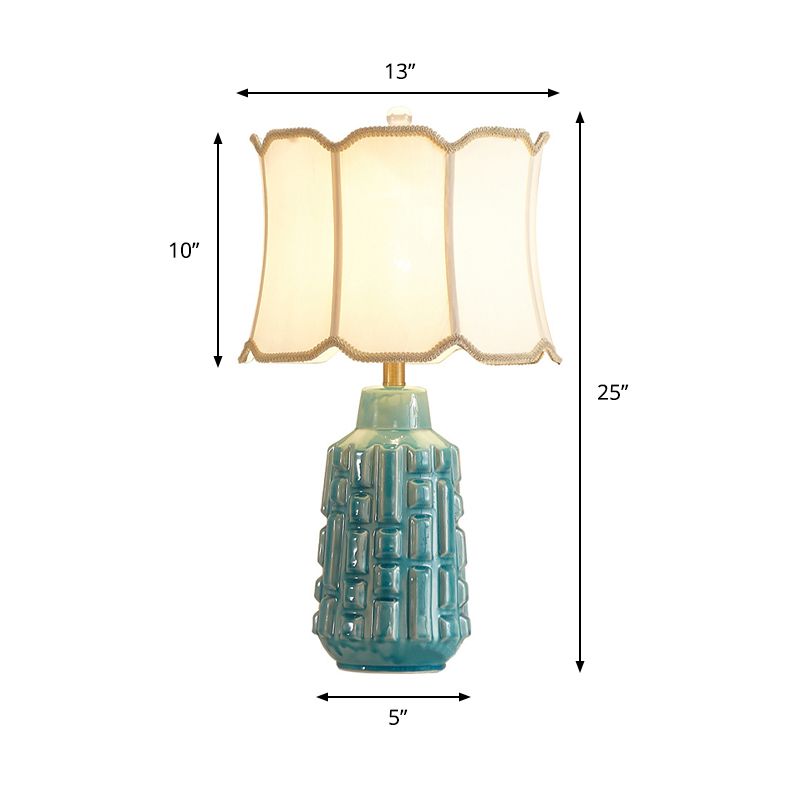 Fabric Scalloped Bell/Drum Table Lamp Vintage 1 Bulb Parlor Nightstand Light with Ceramic Pot Base in Blue