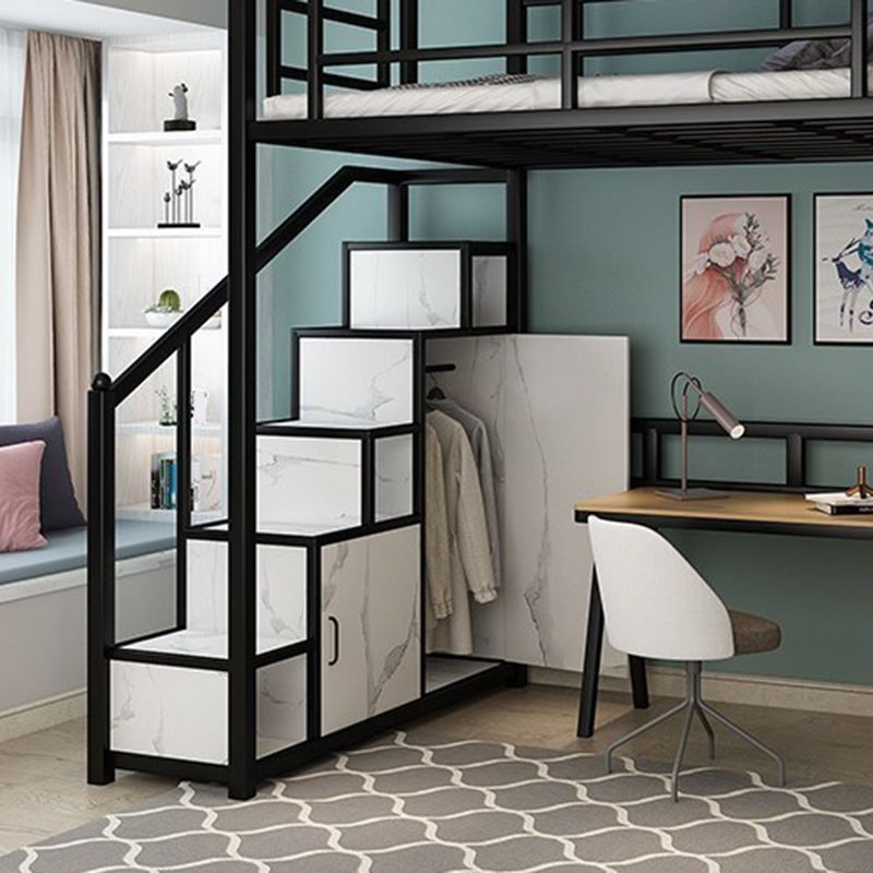 Industrial Metal Loft Bed with Storage Staircase Loft Bed in Black/White