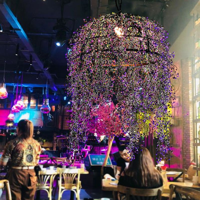 Purple Bowl Ceiling Suspension Lamp Industrial Metal 1 Bulb Restaurant LED Pendant Light with Flower Decor