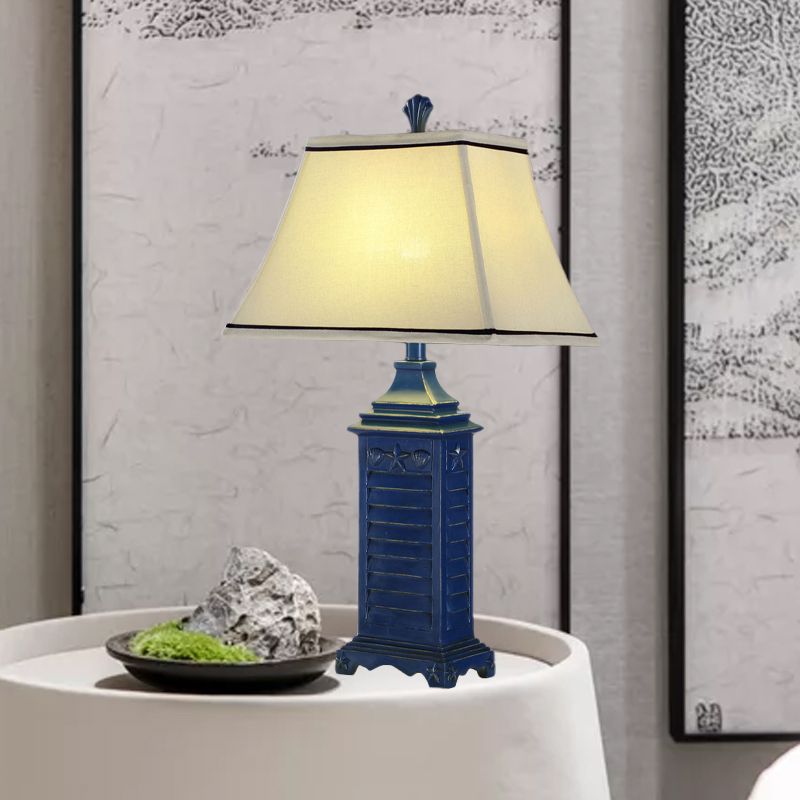 1-Light Pagoda Night Table Lamp Retro White Fabric Nightstand Light with Dark Blue Pedestal