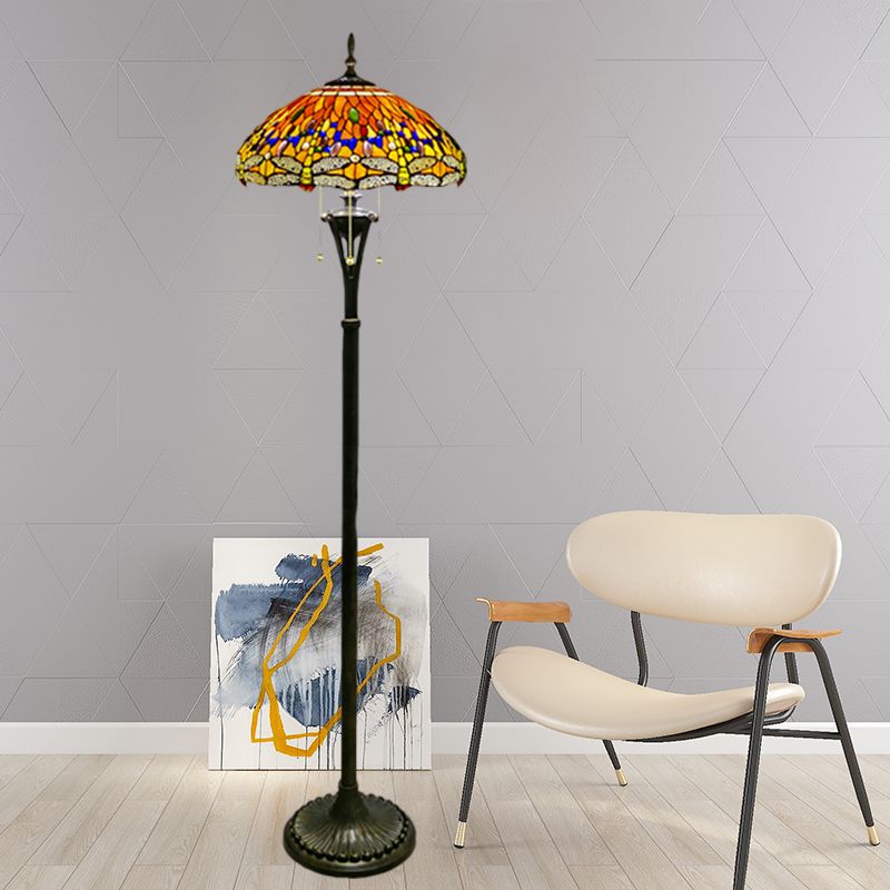 Stained Glass Dragonfly Reading Floor Lamp Baroque 3 Heads Yellow/Blue/Green Pull Chain Stand Up Light with Domed Shade