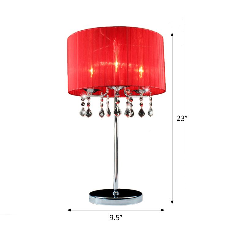 Fabric Cylinder Desk Light Modern 1 Bulb Night Table Lamp in Red with Crystal Teardrop