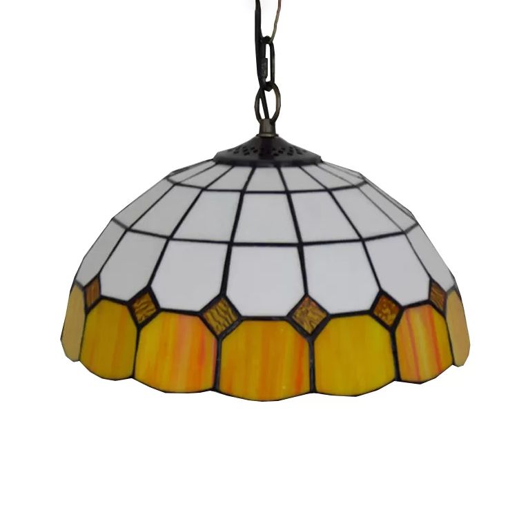 Beige/Orange/Blue Dome Hanging Pendant Light Tiffany 1 Bulb Stained Art Glass Ceiling Hang Fixture for Living Room, 8"/12"/16" W