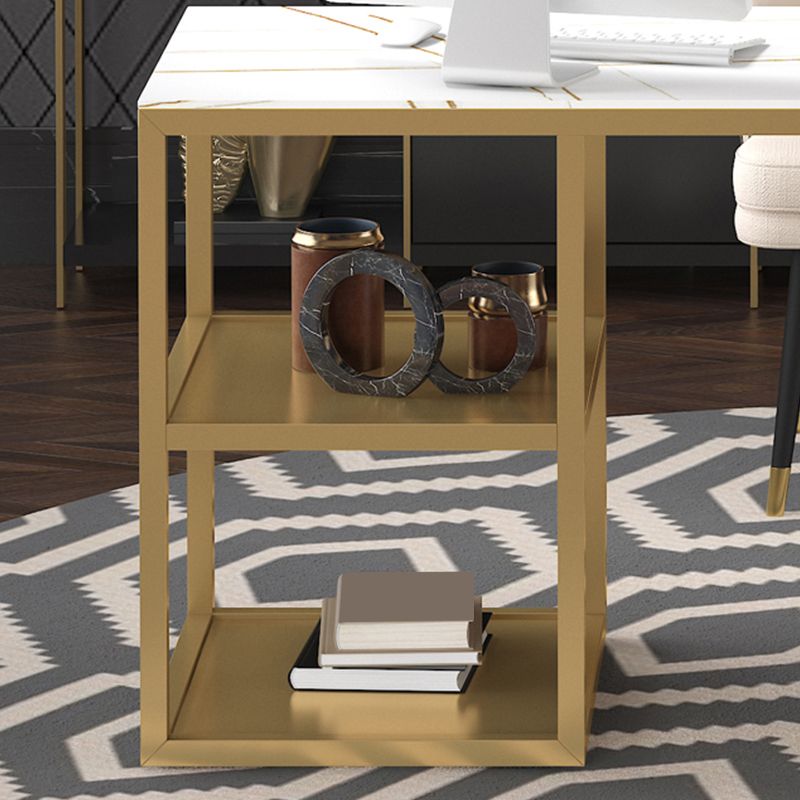 Glam Style Stone Writing Desk Metal Office Desk with Storage Shelves