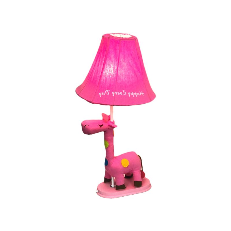 Flared Script-Print Fabric Table Lighting Kids Single-Bulb Yellow/Blue/Pink Night Lamp with Giraffe Base