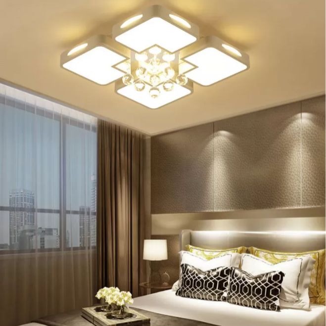 White Rectangular LED Flush Light Modern Acrylic Living Room Ceiling Fixture with Crystal Balls