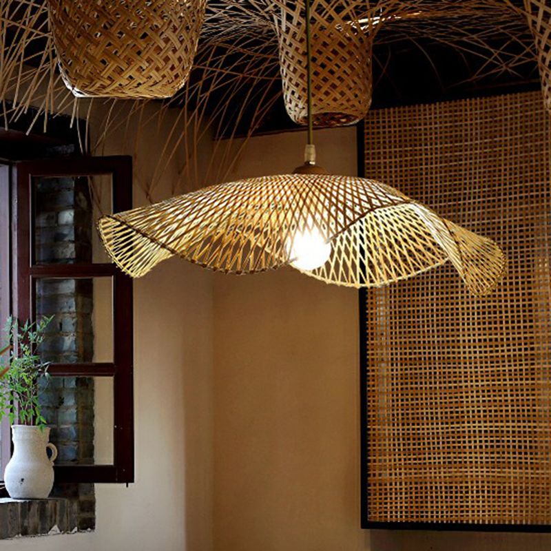 Lotus Leaf Shaped Corridor Pendant Lamp Bamboo 1-Light Modernist Suspension Light in Beige