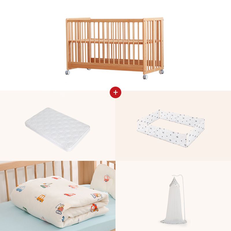 Wood Folding Baby Crib Modern Convertible Nursery Bed with Guardrail