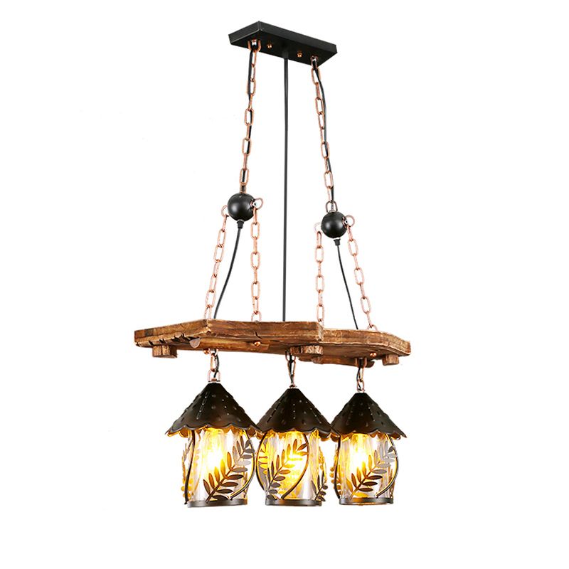 Nautical Lantern Ceiling Chandelier Clear Glass Pendant Light Kit with Leaf Pattern in Wood