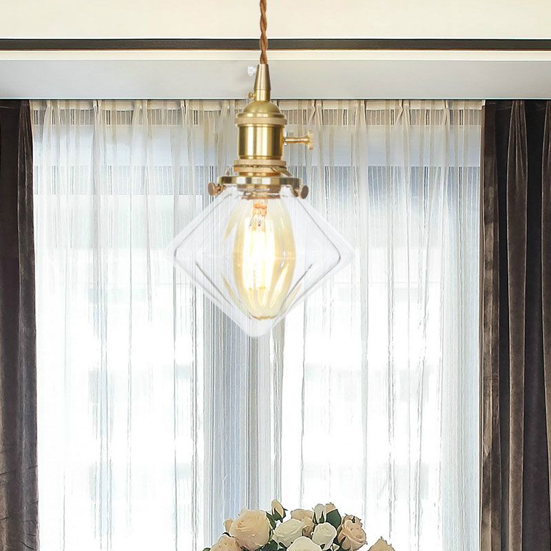 Single Light Gem Suspension Light with Clear Ribbed Glass Vintage Pendant Light in Brass