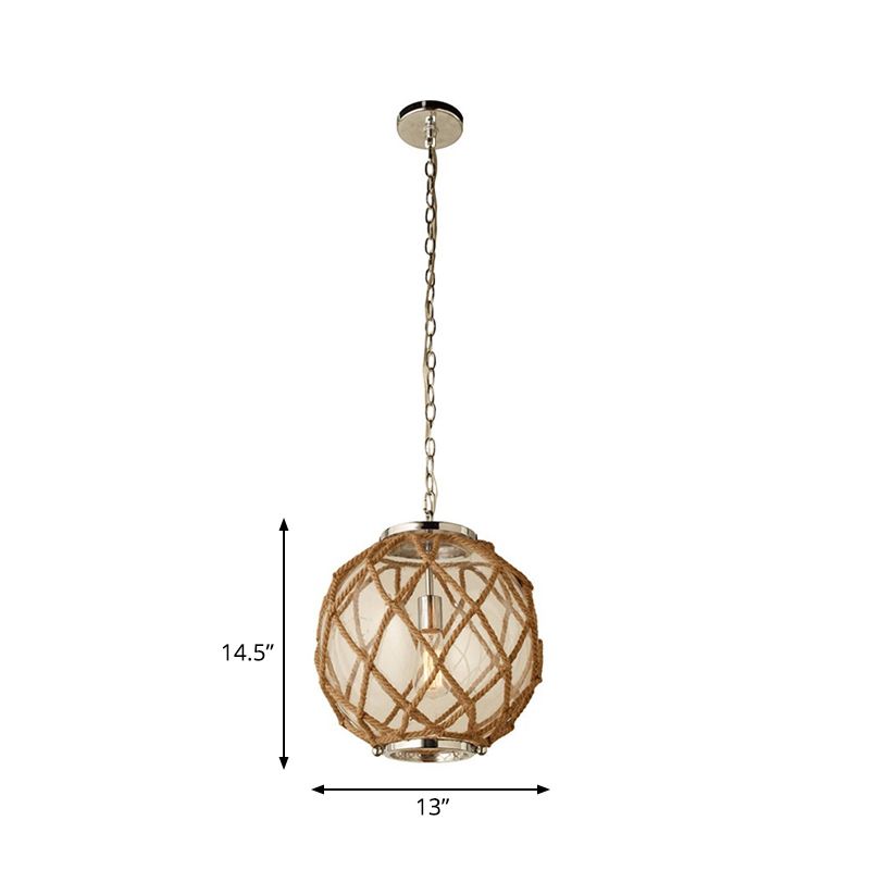 Lámpara de suspensión de corredor de cabeza de vidrio transparente de globo globe en beige con detalle de cuerda tejida a mano