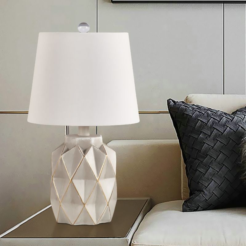 Beige/White Tapered Table Light Countryside Fabric 1-Light Bedroom Night Lamp with Origami Designed Jar Base