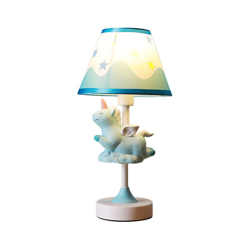 Unicorn Bedroom Night Light Resin 1-Light Cartoon Night Table Lamp in Pink/Yellow/Blue with Cone Fabric Shade