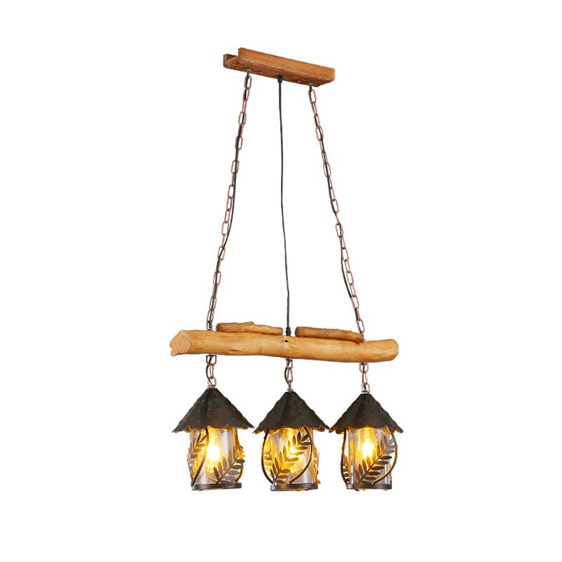 Nautical Lantern Ceiling Chandelier Clear Glass Pendant Light Kit with Leaf Pattern in Wood