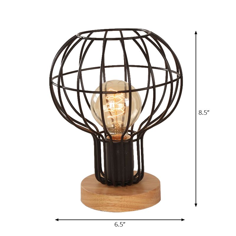 1 Bulb Table Lamp Industrial Stylish Pear/Barrel Shade Metal and Wood Task Lamp with Wire Guard in Black for Bedroom