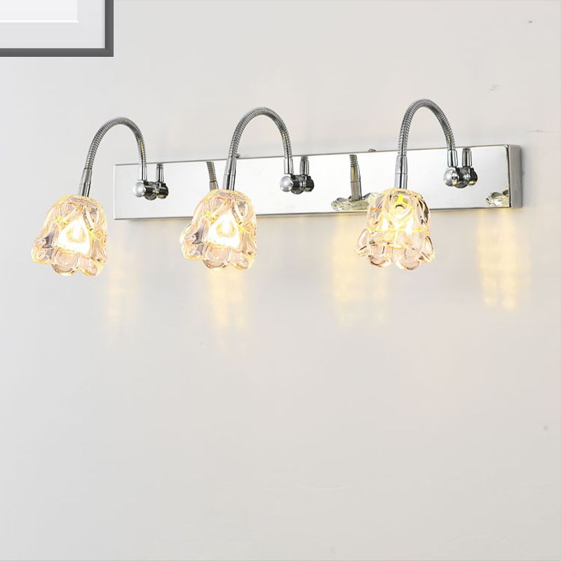 Pétalo Clear Glass tocador Ligera Luz de luz Moderna 3 luces Luces de pared de acabado plateado con brazo de cuello de cisne