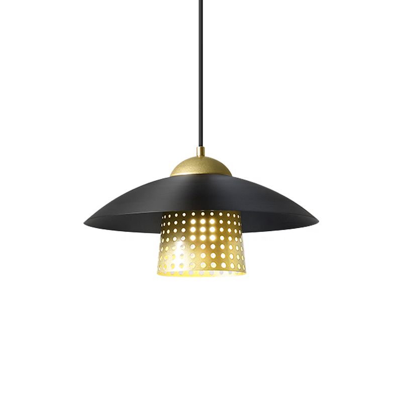 1-Light Commercial Pendant Lighting Retro Mesh Cloche Metal Hanging Lamp with Saucer Cap in Black/White/Gold