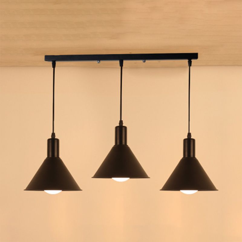 Entonnoir salle à manger plafonnier industriel métallique 3 lumières pendentif plafond noir avec canopée linéaire / ronde