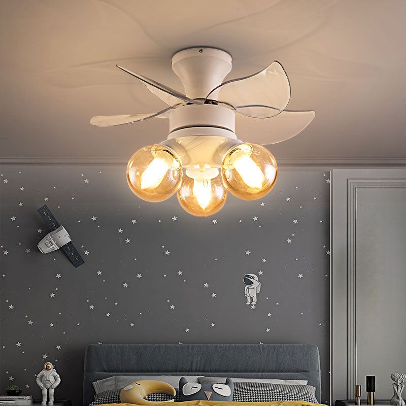 Amber Glass Ball ventilateur luminaire Enfants Style 3 ampoules Blanc Semi Flush plafond Light