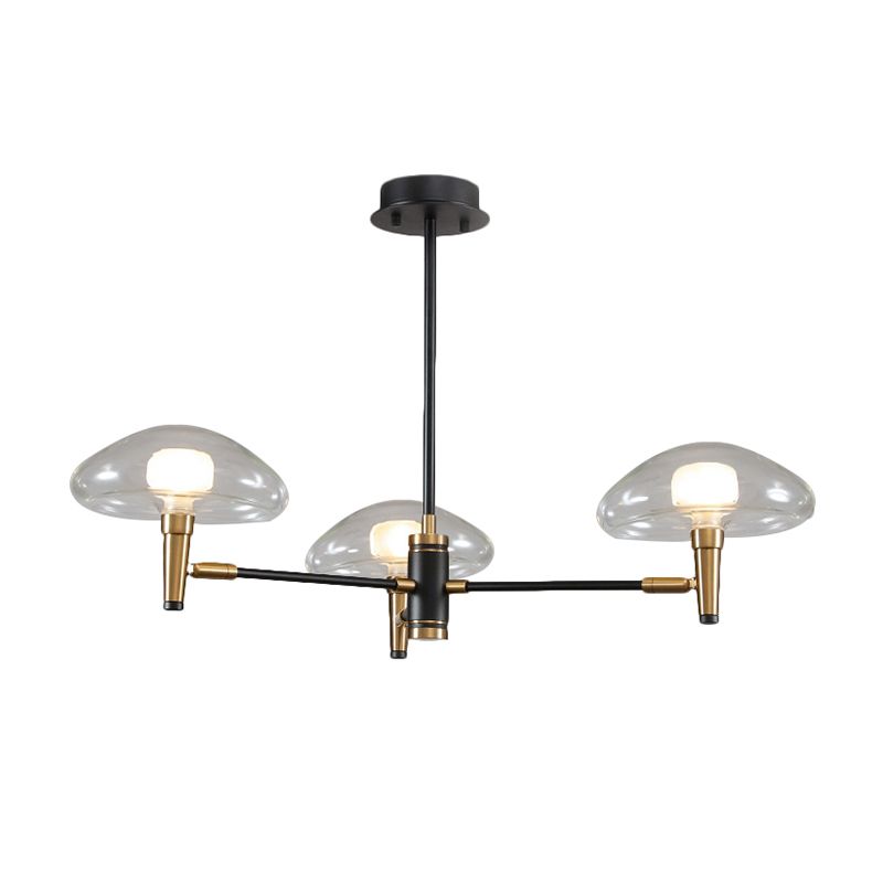 Contemporary Black Chandelier Mushroom Shade 3 Bulbs Transparent Glass Pendant Light for Bedroom