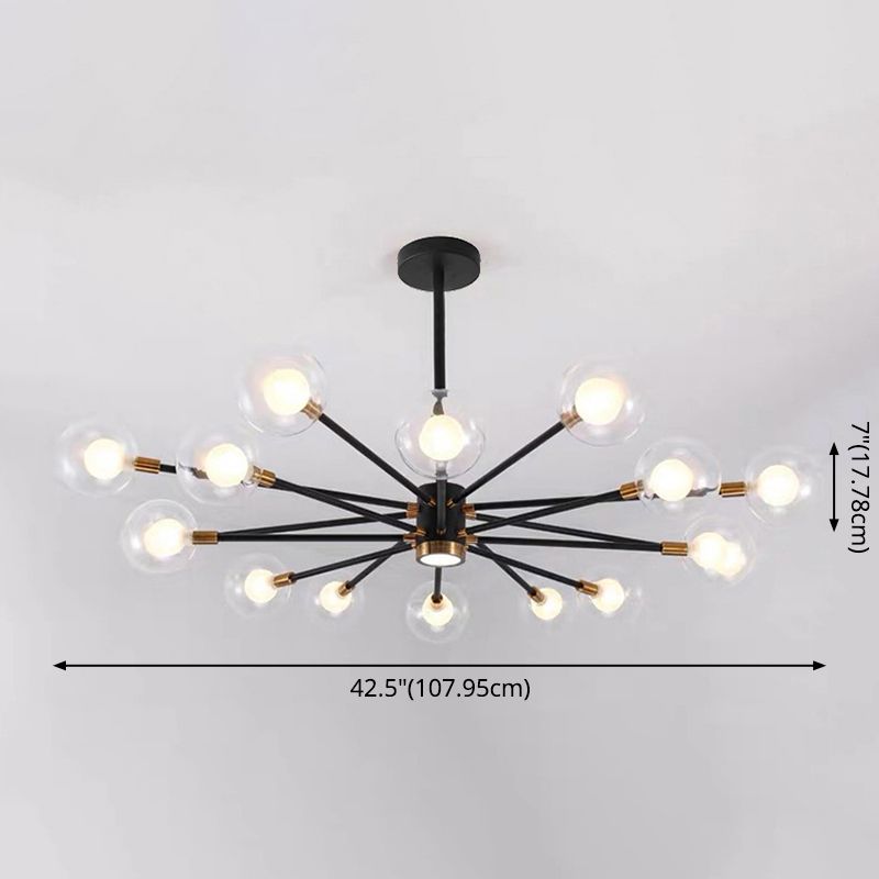 Modern Metal Radial Hanging Chandelier Light Spherical Clear Glass Shade Suspension Light  in Black