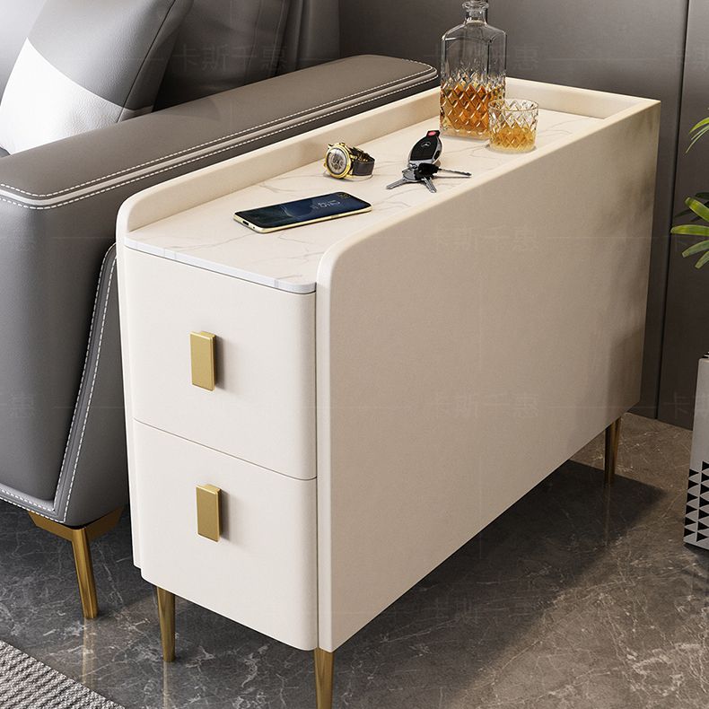 Modern Style White Rectangular Side Table with Storage and Shelf