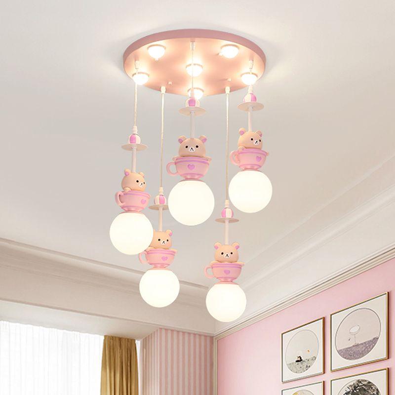 5-Light Nursery Room Suspension Lamp Modern Pink Multi Light Pendant with Global Cream Glass Shade, Warm/White Light