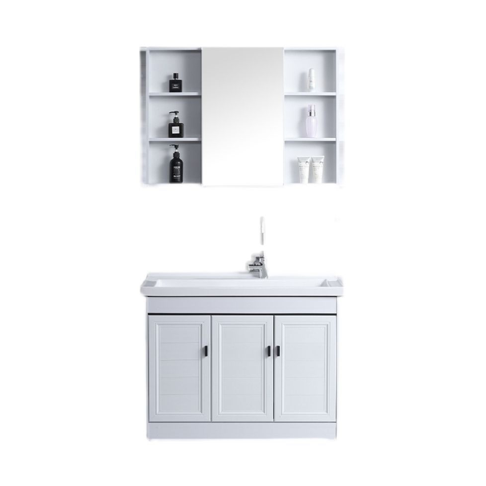 Rectangular White Vanity Freestanding Mirror Metal Frame Vanity with Soft Close Doors