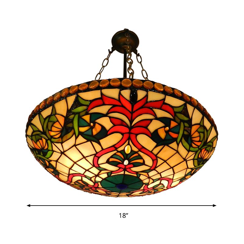 Stained Glass Shallow Bowl Hanging Light Tiffany Style Chandelier in Antique Bronze for Cloth Shop