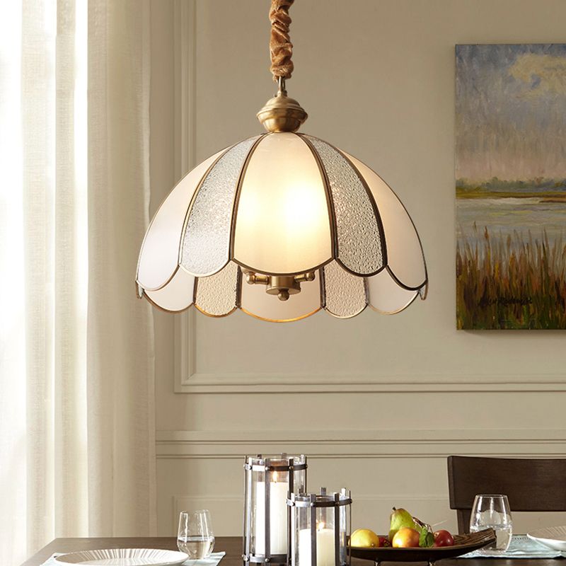 Elegant Dome Flower Shade Pendant Light Hammered Frosted Glass 1 Light Brass Hanging Light for Living Room