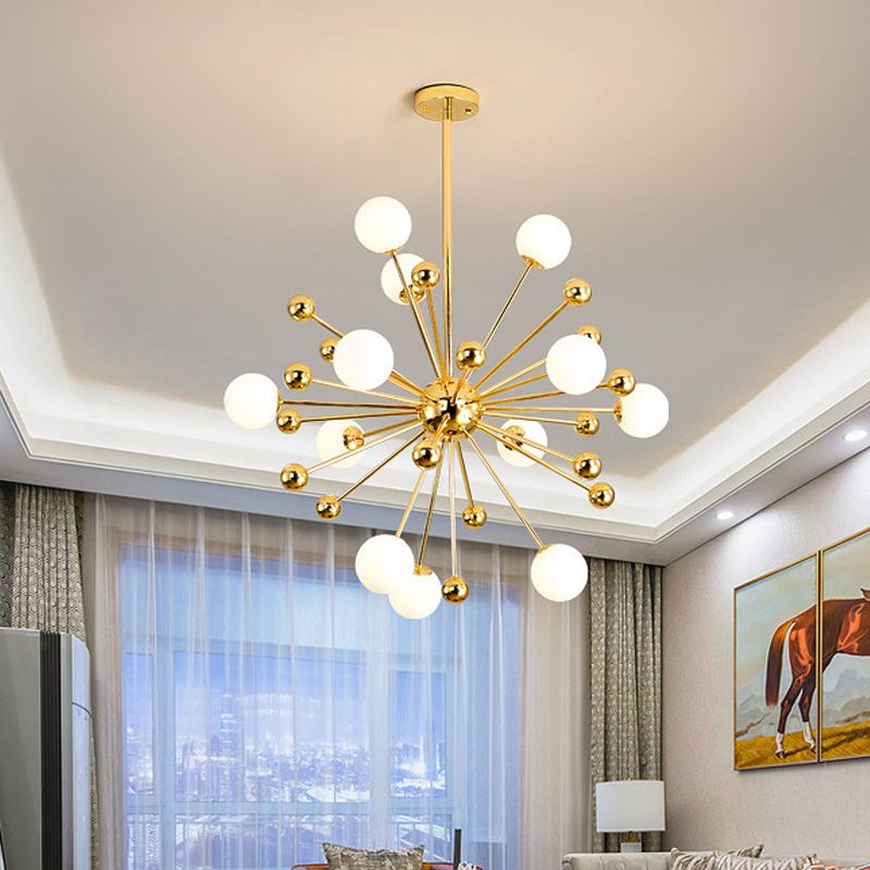 Designer Starburst Metal Chandelier Multi Lights Plafond Gold Plafond Lampe avec une teinte à billes en verre blanche, 23,5 "/31,5" / 39 "de large