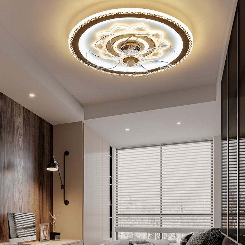 White and Gold Round Fan Lamp Simplicity LED Acrylic Semi Flush Ceiling Light with Remote