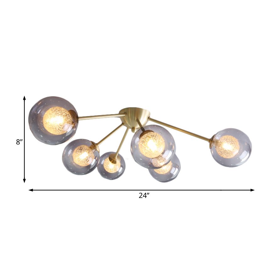 Modern Global Semi Flush Mount Clear/Amber/Smoke Glass 3/6 Lights Led Bedroom Semi Flush Mount Light Fixture in Gold